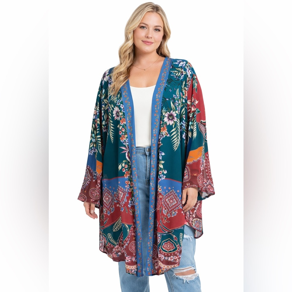 Umgee Plus Boho Floral Kimono Duster 1X 2X Open Front Lightweight Layering